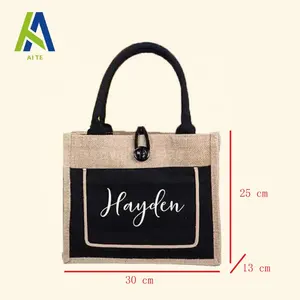 Aite Custom Fabriek Hot Sale Jute Jute Draagtas Buitenzak Botton Lock Custom Logo Eco Boodschappentas Canvas Binnenzak