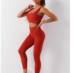 Factory Wholesale Seamless Rib Yoga Wear Suit Women Sportswear Quick Dry Fitness Running <b>Tight</b> Sports Bra and Legging Set - Product Image 5