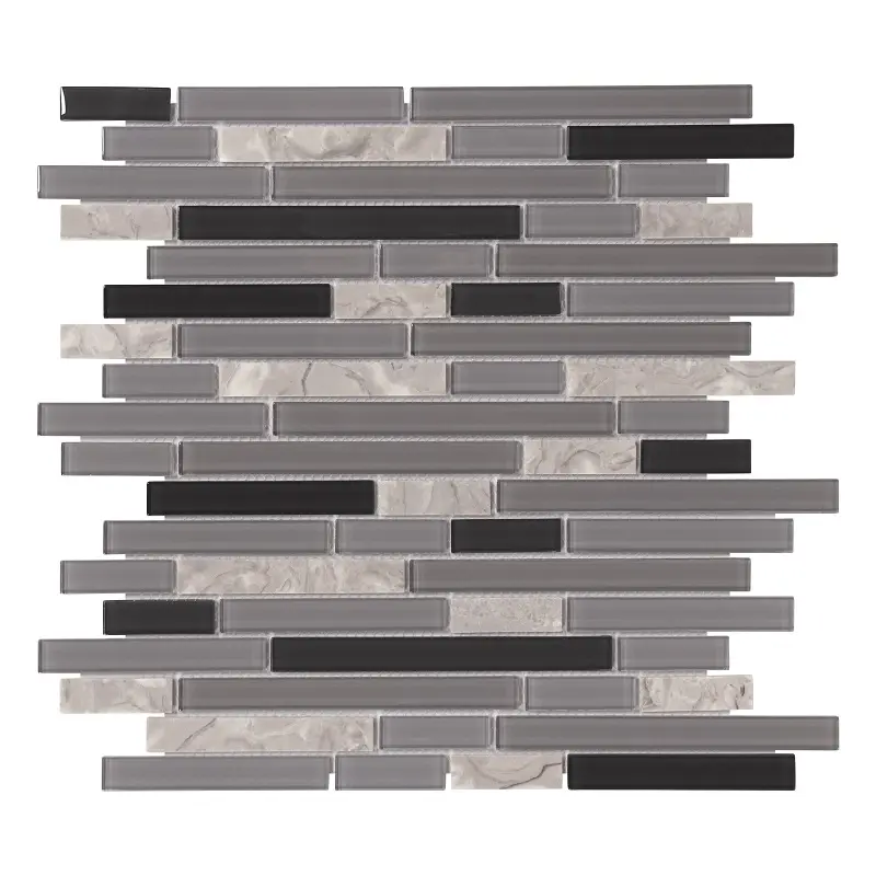 Sunwings Glass Mosaic Tile | Stock in US | Glass and Stone Linear Mix Black Interlocking Mosaics Wall And Floor Tile