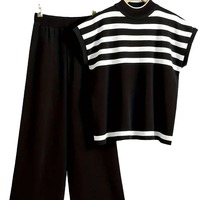 Ensemble tricoté assorti pour femme : débardeur sans manches et pantalon large – Tenue décontractée chic pour la détente – Fournisseur en gros personnalisé OEM