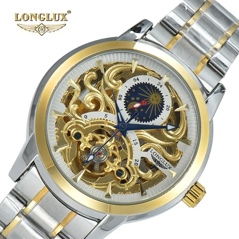 LONGLUX-Reloj de moda para hombre, cronógrafo con movimiento hueco, luminoso, sol, luna y estrellas