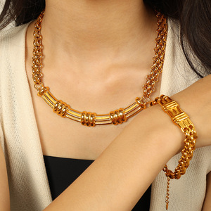 Bamboo Necklace And <b>Bracelet</b> <b>Set</b> 18k Gold Plated Men's Gift Fashion Jewelry Zinc Alloy Chain Design - Product Image 4