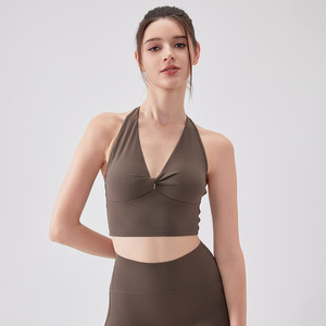 Women Twist Front Deep V Halter Yoga Tank <b>Top</b> Removable Chest Pad Slim Stretch Sports Crop <b>Top</b> <b>Low</b> Impact Pilates Fitness Vest - Product Image 1