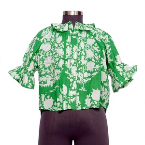 Vintage Summer Regular Fit Sweet Floral Print 100% Cotton Washable Casual Feminine Touch Frilled O-Neck Mini Half <b>Sleeves</b> <b>Tunic</b> - Product Image 1