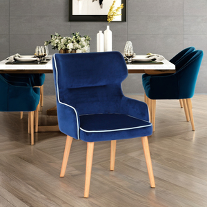 Nordic <strong>Blue</strong> Velvet Dining Chair with <strong>Light</strong> Wood Legs Upholstered Accent <strong>Armchair</strong> with White Piping for Home Restaurant Hotel - Product Image 1