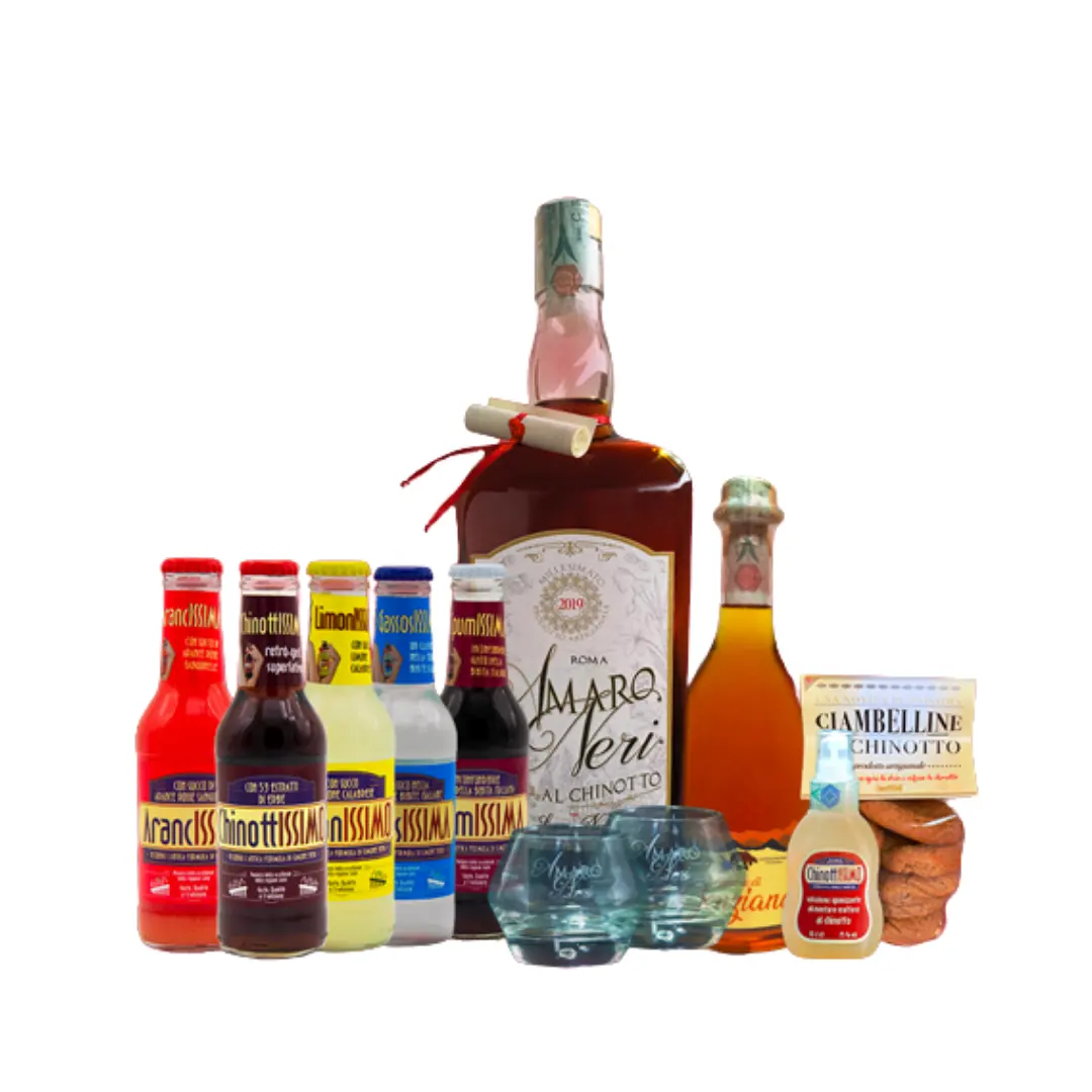 Gift pack Christmas ESAGERATO two liquors amaro + donuts + 4 drinks + spray CHINOTTO flavour herbs italian