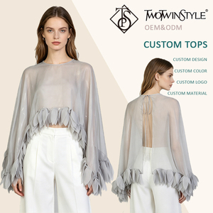 Elegante Top Corto Transparente Gris <span class=keywords><strong>con</strong></span> Adorno de Pétalos 3D para Mujer, Espalda Abierta, Lazo, <span class=keywords><strong>Manga</strong></span> Larga Acampanada, <span class=keywords><strong>Blusa</strong></span> para Vacaciones, Playa, Noche, Venta al por Mayor - Product Image 1
