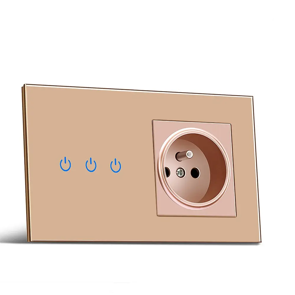 EU/FR Touch Light Switch With Socket 1/2/3-Gang 1-Way Wall Switch With Sockets Flush-Mounted Touchscreen Switch With Glass Frame