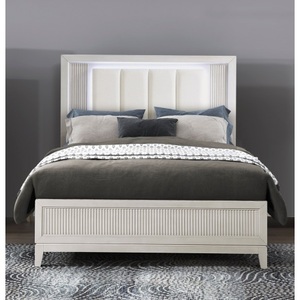 Modern Antique White Finish Queen <b>Bed</b> with LED Headboard Upholstered Cushion Modern Bedroom Furniture Reeded Fronts - Product Image 1