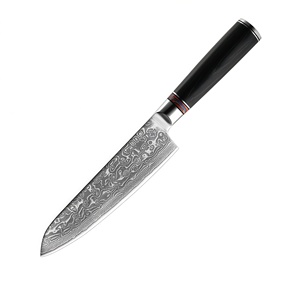 Couteau Santoku de 7 pouces à motif Damas de qualité supérieure, manche noir avec anneau coloré, acier inoxydable tranchant, couteau de cuisine polyvalent - Product Image 1