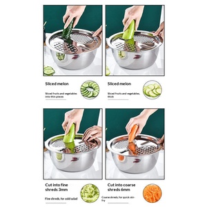 Ensemble de cuisine multifonctionnel 3-en-1 en acier inoxydable - Passoire, râpe, trancheuse pour le lavage du riz, la préparation de salades et la découpe des légumes - Product Image 5