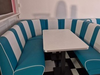 Ensemble de banquettes de restaurant en forme de L, blanc turquoise, avec table, banquette en cuir PU, banc d'angle, mobilier de café
