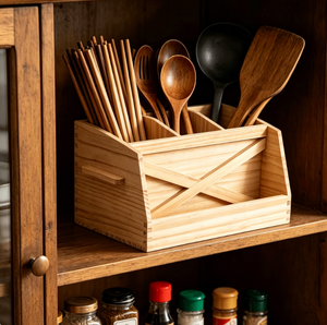 Organisateur de cuisine multifonctionnel en bois sur pied pour comptoir ; Rangement pour ustensiles de cuisine, vaisselle et couverts - Product Image 4