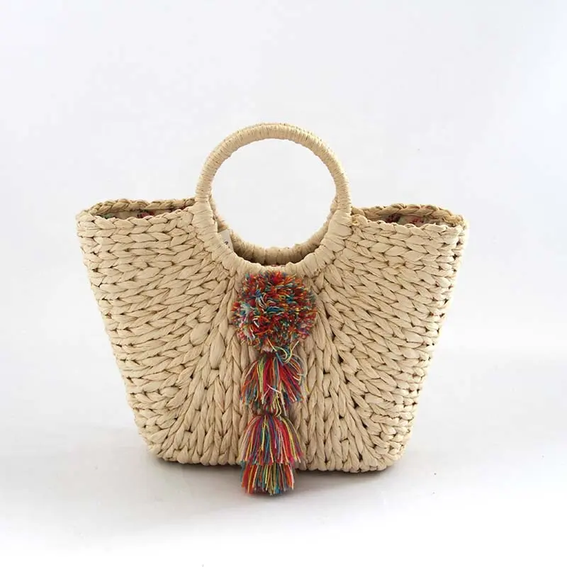 2022 New design Wholesale Natural Bag Hand Woven Summer Round Beach Bali Paper Straw Bag