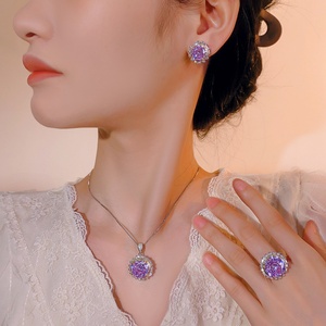 Factory Wholesale Fashion Jewelry Eco-friendly Copper Rose Cut 14-10MM Purple Cubic Zirconia Necklace <b>Set</b> for Bold Statements - Product Image 6