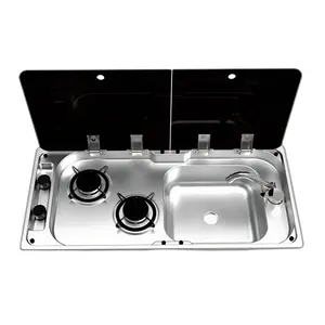 OGMIE 2 Burner Gas Stove Hob Boat RV Caravan LPG Gas Stove Hob Gas Stove Detachable Pan Supports Sink Combo Stainless With Glass