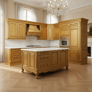 Juego de Muebles de Cocina de Madera Maciza Neoclásica de Lujo OE-FASHION con Acabado Dorado e Isla de Mármol para Proyectos de Villas - Product Image 1