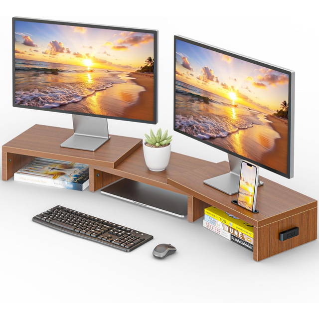Modern Wooden Dual Monitor Stand Riser with Drawer Storage Compartment Desktop Organizer Shelf for PC Laptop TV Screen Stand