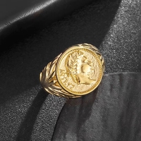 Bague pour homme en acier inoxydable plaqué or 18 carats, étanche et inaltérable, avec motif de pièce de monnaie de César de l'Empire Romain, style Hip Hop
