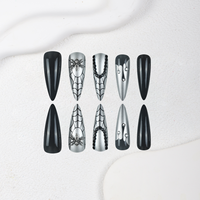 Faux ongles à presser Halloween, longs, forme stiletto, motif toile d'araignée noire et argentée avec strass, réutilisables, vente en gros usine