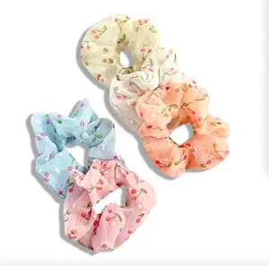 Meisjes Cherry Haar Scrunchies Bloemen Haar Banden Tulle Paardenstaart Houder