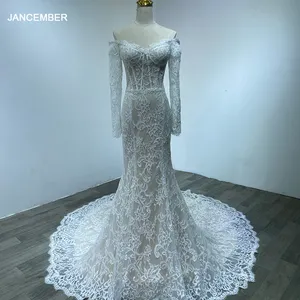 Custom-made dark champagne Off Shoulder Plain Lace Mermaid Wedding Gown sheath elegant wedding dress WM07