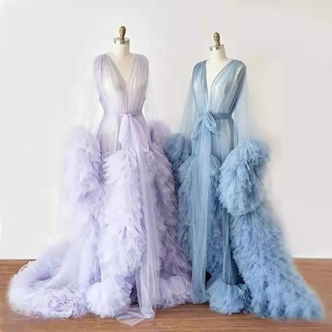 Sexy bride Long Pregnancy Tulle Ruffled puffy party robe nightgown wedding robe multicolor Maternity Robe Photo Shoot Dress