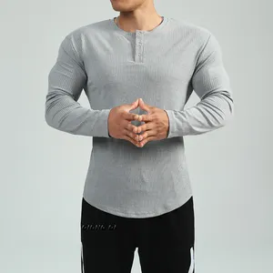 Camiseta de manga larga atlética de peso pesado de secado rápido para hombre, ropa de Fitness de Color sólido, Top ajustado de entrenamiento para hombre