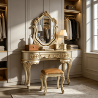Ensemble de coiffeuse sculptée en or champagne, table de maquillage antique pour villa, chambre d'hôtes, projet hôtelier, vente en gros sur mesure