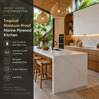 Meuble de cuisine en contreplaqué marin tropical sur mesure, résistant à l'humidité, îlot cascade, meuble de villa moderne