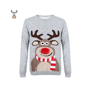 Nanteng Custom Cotton Christmas Elk Three-Dimensional Nose Round Neck Long Sleeves Adult Woman Pullover Christmas Sweater