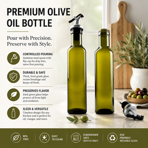 Botella de <span class=keywords><strong>Vidrio</strong></span> para Aceite de Oliva Comestible, Color Ámbar Verde Oscuro, Cuadrada o Redonda, con Tapa, Apta para Alimentos - Product Image 1