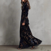 Robe Vintage Femme en Velours à Imprimé Floral, Élégante, Col Semi-Montant, Manches Longues, Bordure en Dentelle, Robe Moulante, Robe Longue Décontractée Tendance