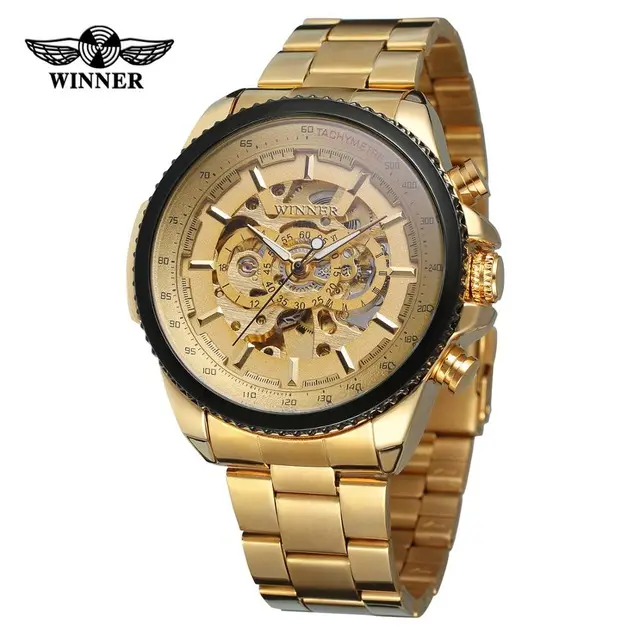 Winner Top Brand Luxury Men Mechanical Watch Golden Stainless Steel Strap Skeleton Dial Luminous Skull Design Wrist Watch