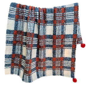 Manta de Alta Calidad <span class=keywords><strong>con</strong></span> Diseño de Cuadros Azules y Rojos <span class=keywords><strong>con</strong></span> <span class=keywords><strong>Pompones</strong></span>, Mantas Navideñas para el Invierno - Product Image 6
