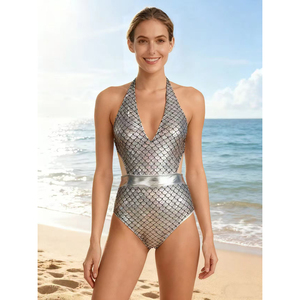 Bikini Metálico Brillante al por Mayor, Traje <span class=keywords><strong>de</strong></span> Baño Sexy con Escote Profundo en V, Bikini con Diseño <span class=keywords><strong>de</strong></span> Escamas <span class=keywords><strong>de</strong></span> Pescado Doradas para Mujer - Product Image 6