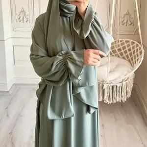 Latest Modest Islamic Clothing Long Prayer Dress Trumpet Sleeve Nida Abaya Women Muslim Dress Jilbab Attached Hijab Hoodie Abaya