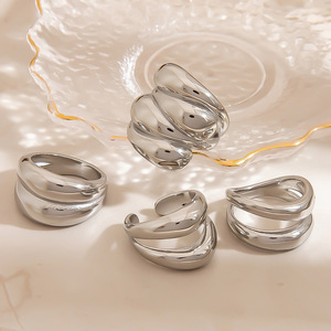 Titanium Steel Open <b>Ring</b> Wave Geometry Oval Shape For Women Jewelry Gift - Product Image 3