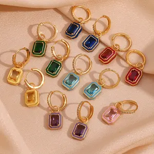 Colorful Zircon Jewelry Square Enamel Drop Earring 18k Gold Plated S925 Sterling Silver Earrings
