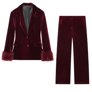 Conjunto de 2 Piezas de Blazer y Pantalones Anchos de <span class=keywords><strong>Terciopelo</strong></span> para <span class=keywords><strong>Mujer</strong></span> - Puños de Piel Sintética con Plumas, Conjunto Formal Sehe Fashionbisou - Product Image 6