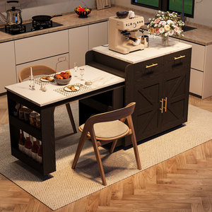 Isla de Cocina Negra Moderna SENYU con Encimera de Mármol Blanco, Estantes Abiertos, Almacenamiento para Vino, Mesa de Preparación Multifuncional - Product Image 3