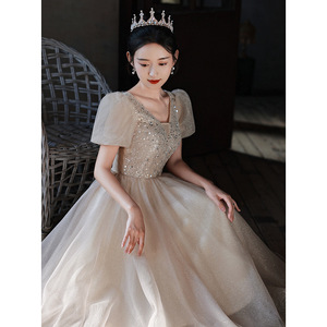 Evening Gown Women Champagne Mid Length V Neck Puff Sleeve A Line Empire Waist Vintage Style Hostess Dress - Product Image 2