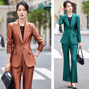 Women's Suit Set 2024 Autumn Striped Polyester Elegant Professional Attire Three Quarter Sleeve Anti-Wrinkle - Product Image 1