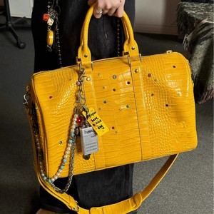 Yellow Crocodile Texture Boston Bag With Rhinestones Unisex Tote For Travel And Leisure - Product Image 1
