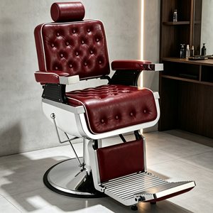 Fauteuil de barbier vintage en cuir PU rouge, hydraulique et inclinable, robuste, pour salon de coiffure, pour hommes. - Product Image 2