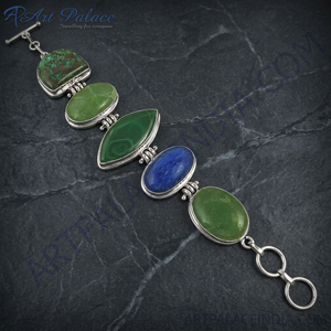 Art Palace Vintage <b>Cuff</b> <b>Bracelet</b> with Natural Green and Blue Stones 925 <b>Silver</b> Alloy Geometric Trendy Unisex Jewelry Gift - Product Image 3