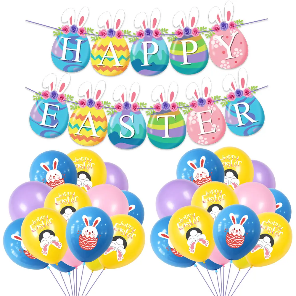 Easter Party Decorations Set Bunny Decorations Happy Easter Banner Rabbit Balloon for Home Office School Easter Party Ornaments
