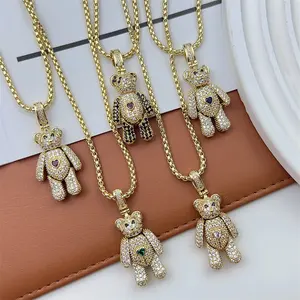 24k gold plated Multi Color Cubic Zirconia paved Cute Kawaii Exquisite Bear Pendant necklace hand crafted jewelry
