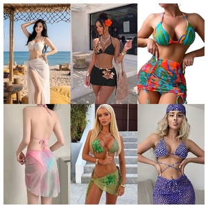 New and Original Women Floral Print <b>Bikini</b> Set Halter Top Asymmetric Skirt Bottom Stretch Swimwear <b>3</b> <b>Piece</b> Spandex Polyester - Product Image 1