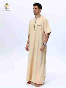 Al Haramain <b>Men's</b> Beige <b>Thobe</b> Round Neck Short Sleeve Floor Length Cotton and so soft - Product Image 5